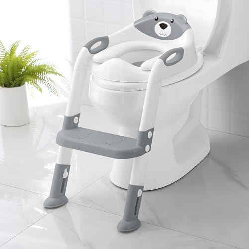 Potty Training Seat ，SKYROKU Potty Training Toilet with Step Stool Ladder, for Kids Boys Girls Toddlers - Comfortable Safe Potty Seat with Anti-Slip Pads Ladder （8838-Grey）