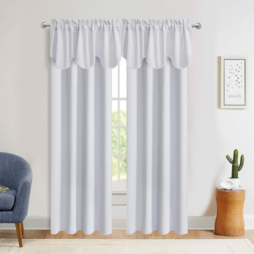 Aquazolax White Valances Curtains for Windows 2 Panels Set Rod Pocket Kitchen/Basement/Bedroom/Bathroom Short Decorative Scalloped Curtain, 52" W x 18" L, Greyish White