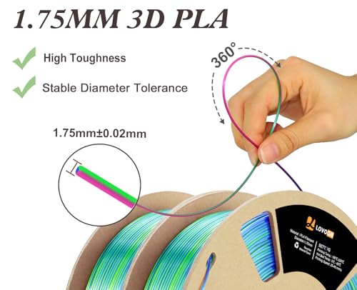 Image of LOVOON Silk PLA 3D Printing Filament Bundle 2KG, PLA Filament 1.75mm Shiny Tricolor Pack Fast Color Change 3D Printer Filament, Get 2 Spools of Silk Blue /Green /Red, 1KG X 2 Spools