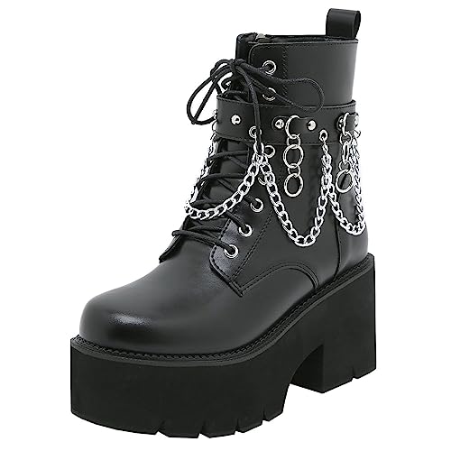 Image of Parisuit Womens Goth Patent Ankle Boots Platform Chunky Combat Boots | Lace Up, Gothic Boots, High Heel, Punk Short Booties, Buckle Boots, Chain Boots