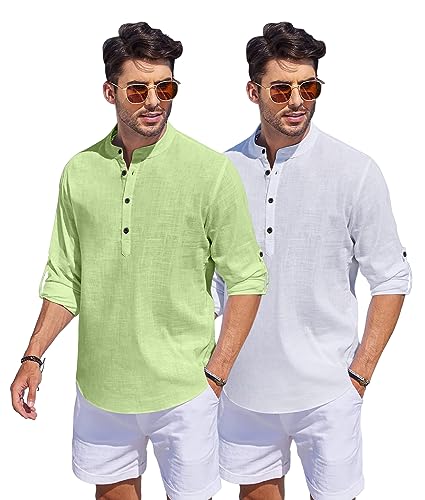 Image of Bellstone Men's Cotton Blend Straight Kurta Shirt Combo with Mandarin Collar - Slim Fit Casual Short Kurti Set Featuring Textured Slub Fabric and Roll-Up Full Sleeves