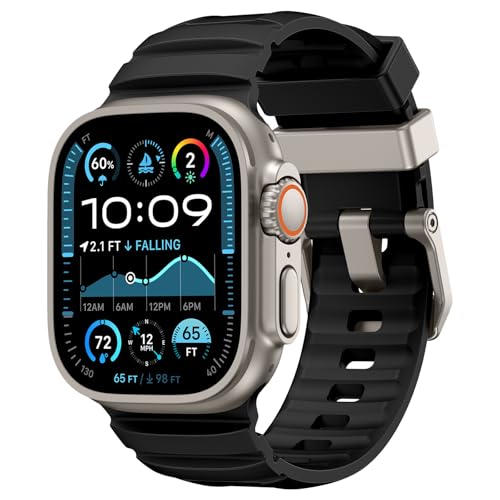 NewWays Sports Rugged Silicone Rubber Band for Apple Watch Ultra 3 2 49mm Series11 10 46mm 45mm 44mm, Rocky Point Band for iWatch Ultra Series 11 10 9 8 7 6 5 4 SE, Black with Titanium Hardware