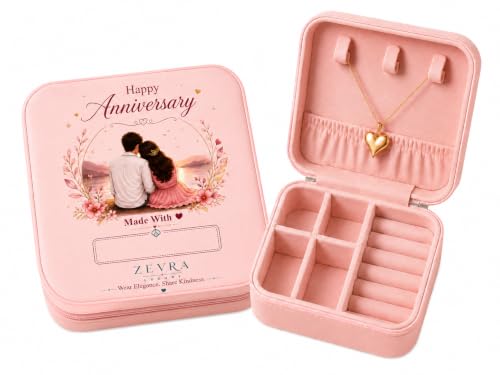 Image of Happy Anniversary Personalized Jewellery Box with free Anti Tarnish Heart Pendant Necklace & Gift Bag | Custom Name Gift for Wife |Gift for Couple |
