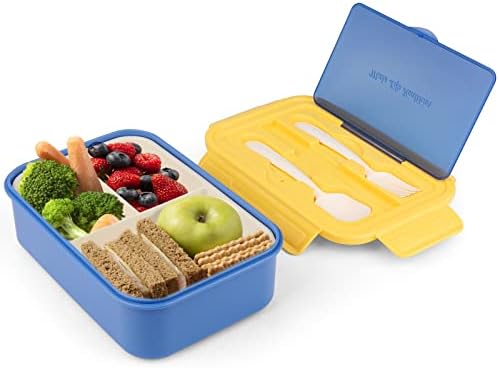 Coolzon Bento Box Lunch Box Adults Kids,1400ML Lunch Box for Boys Girls with 3 Compartments, BPA Free Plastic Lunch Box BMeal Prep Container with Spoon and Fork,Blue and Yellow