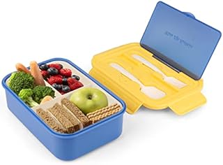 Coolzon Bento Box Lunch Box Adults Kids,1400ML Lunch Box for Boys Girls with 3 Compartments, BPA Free Plastic Lunch Box BMeal Prep Container with Spoon and Fork,Blue and Yellow