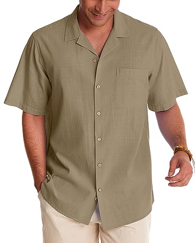 Image of Alimens & Gentle Mens Linen Shirts Cotton Hawaiian Shirts Short Sleeve Button Down Shirts Casual Summer Beach Tops