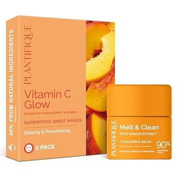 PLANTIFIQUE Korean Cleansing Balm - Removes Waterproof Makeup and Sunscreen, Balsamo Desmaquillante & Facial Sheet Mask Vitamin C Glow 5 Pack Rejuvenating and Glowing