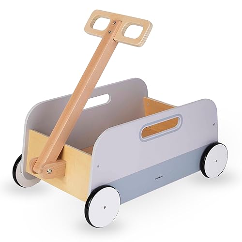 Mamabrum Carrito Juguetes de Madera con Remolque - Andador Multifuncional para Niños 58cm - Ayuda al Desarrollo Habilidades Motoras y Equilibrio - Fabricado con Madera Enebro