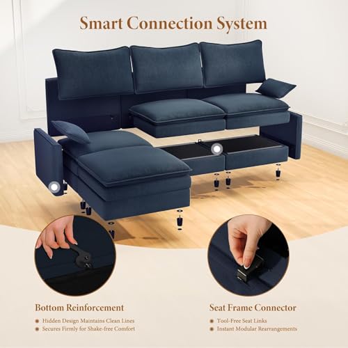 Image of Vesgantti 108 inch Modular Sectional Sofa, Comfy Cloud Couch with Movable Ottoman Deep Seat Chenille L Shaped Modular Sofa, Sectional Couches for Living Room, Bedroom and Apartment, Blue