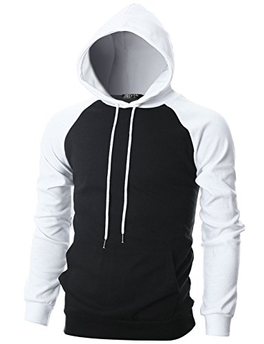 GIVON Mens Slim Fit Raglan Hoodies Pullover Lightweight Long Sleeve Sweatshirt with Kanga Pocket / DCF027-BLACK/WHITE-2XL