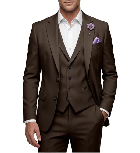 LAYEREDJPXZV Dark Brown Suit Men Regular Fit 3 Piece Men Dark Brown Suit Two Button Men's Suits for Wedding Prom Business Mens Formal Suits Regular Fit for Groom Dinner L