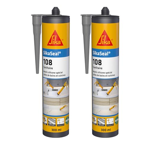 SikaSeal 108 Sanitaire Gris, Mastic Cuisine & Salle de Bain Anti-Moisissures, joints silicone sanitaire longue durabilité sur multi-supports, 300ml (Lot de 2)