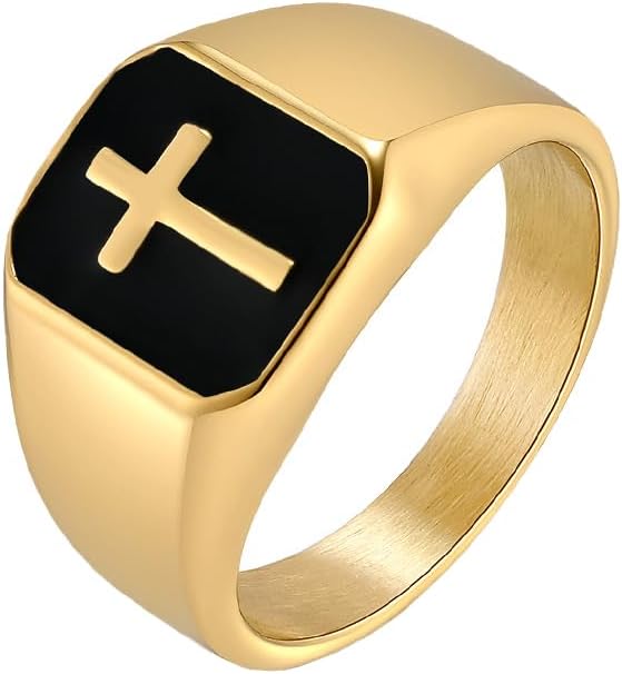 PAMTIER Men's Stainless Steel Vintage Unique Square Cut 15mm Cross Crucifix Biker Ring Comfort Fit