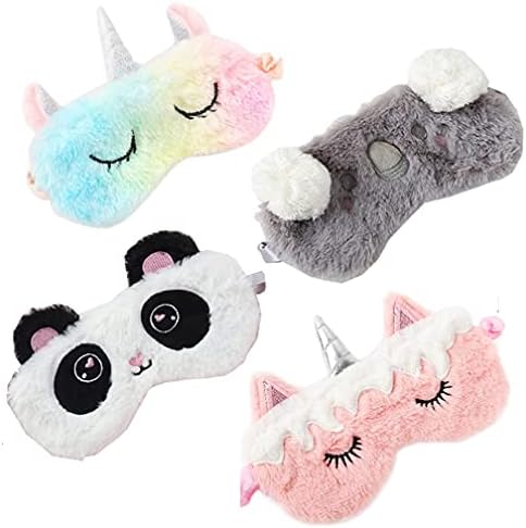 4 Pack Unicorn Sleeping Mask for Girls Soft Plush Blindfold Cute Unicorn Horn Panda Koala Sleep Masks Eye Cover Eyeshade for Kids Teens Women Plane Travel Nap Night Sleeping