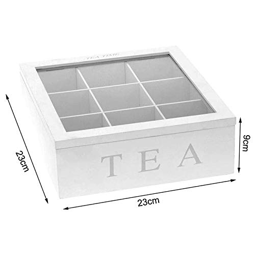 Wooden Tea Storage Chest & Organizer with 9 Compartments, View Window - Handmade Countertop Box for Tea Bags, Loose Leaf, Herbs, Spices - Ideal Gift for Tea Lovers (White)