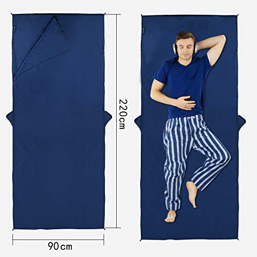 MYCARBON Podróżna wkładka do śpiwora, 100% bawełna, super miękka, 220 x 90 cm, przenośna, lekka, na kemping, do schroniska, autokarów, na piknik, do pociągów z kieszeniami na poduszki