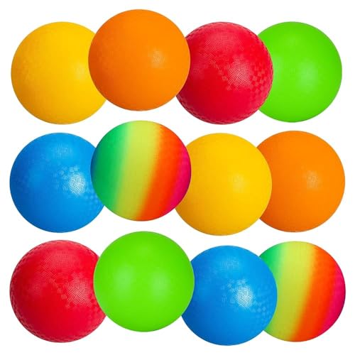 INPODAK 12 Paquets de Ballons de Jeux 8.5 Pounces Kickball Dodgeball Set Ballon Gonflable avec Pompe RainbowBall Balle Rebondissante Souple Balle pour Jardin et Plage