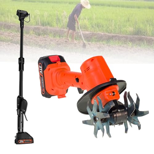 Electric Garden Rotavator, 21V Cordless Mini Tiller Cultivator, Handheld Soil Cultivator, 235RPM with 4 Rows of Tines, 10Cm Tilling Width,10cm Working Depth,With1.3mExtension-2batteries