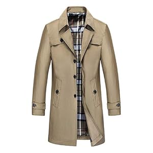 junfeng Trench-Coat Simple Boutonnage pour Hommes Slim Revers Casual navettage Mode Sauvage Manteau Moyen Long-Khaki_XL
