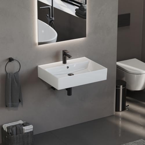 Aqua Bagno 60 cm Keramik Waschbecken Bad – modernes Aufsatzwaschbecken fürs Badezimmer, rechteckiger Waschtisch mit dünnem Rand zur Wandmontage, pflegeleichte Oberfläche, platzsparendes Eckwaschbecken