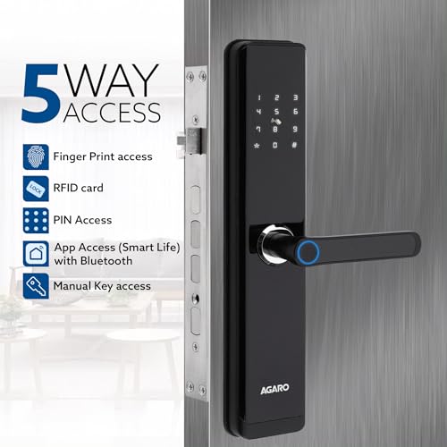 Image of AGARO Royal Smart Door Lock with Handle, Auto Lock, Unlock with Finger Print /RFID Card /PIN Access /App with Bluetooth /Manual Key Access, Digital Door Lock, Anti-Theft Lock, Home Safety, Black