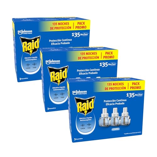 Raid Líquido Eléctrico Recambio Triple, protección frente al mosquito común y tigre, hasta 135 noches de protección, sin olor, Pack de 3 recambios, 3x27ml