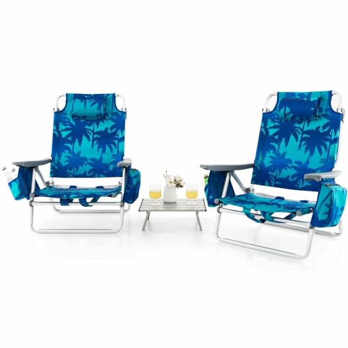 Costway Beach Chair Set, Portable Camping Chairs with 5 Adjustable Positions, 3 Pieces Folding Beach Chair and Table Set, Suitable for Lawn, Poolside, No Assembly Required (Coconut Tree Pattern)