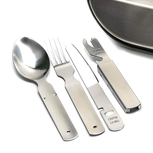 German Cutlery Set 4 Pieces Eating Utensils Military Style Spoon Fork Knife Kit Flatware Multi-Tool Camping Bottle Can Opener Stainless Steel New #TOP2