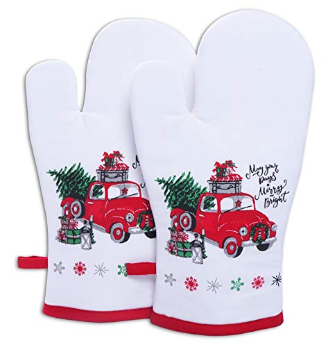 Oven Mitts, Unique Merry Christmas Design, Oven Mitts Heat Resistant, Made Of 100% Cotton, Eco-Friendly & Safe, Set Of 2, Size 7 X 13 Inches, Machine Washable, Kitchen Oven Mitts By Amour Infini #TOP3