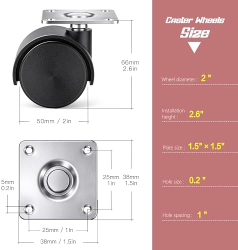 5.1cm(2인치) 캐스터 4개 세트, 가구용 플라스틱 바퀴, 카트, 가구, 화분, 아기 침대, 주방, 서랍, 캐비닛, 테이블용 플레이트 회전 나일론 캐스터 휠(스테인리스 스틸 나사 포함) — 사진 2