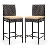 VINGLI Outdoor Wicker Bar Stool Set of 2, Patio Bar Stools w/Cushion, Bar Height...