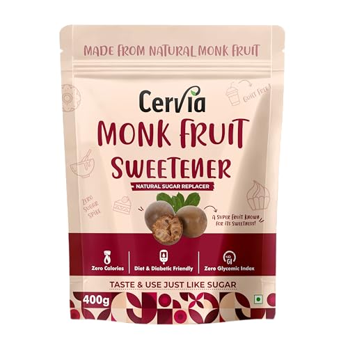 Image of Cervia Monk Fruit Natural Sweetener 400g | 100% Natural Sugar Replacement | Zero Calories | Zero Glycemic Index | No Blood Sugar Spike | Diabetic & Keto Friendly | No Bitter Aftertaste | For Tea, Coffee & Cooking (400)