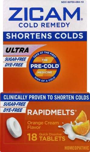 Zicam Ultra Cold Remedy Zinc Rapidmelts, Orange Cream Flavor, Homeopathic, Cold Shortening Medicine, Shortens Cold Duration, Sugar-Free, Dye-Free, 18 Count (Pack of 2)