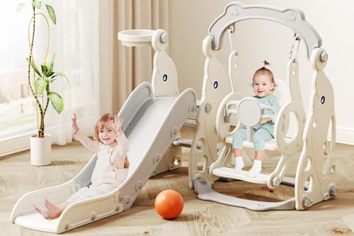 67i Toddler Slide and Swing Set - Indoor/Outdoor Multi-Activity Play System for Ages 1-3, Safe Design with Adjustable Swings & Basketball Hoop, Compact Space Saver (Gray, Without Football)