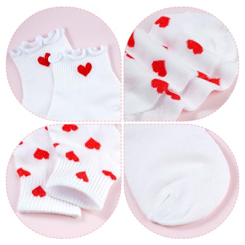 Image of phnydreg 6 Pairs Heart Pattern Ankle Socks Red Heart Ruffle Quarter Socks for Women Girls