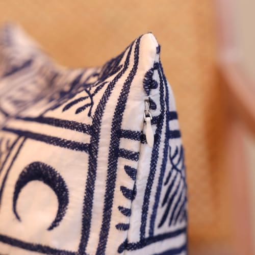 Image of Indigo Grid Leaf Embroidered Cushion Cover | Decorative Sofa Pillow Cover | Hidden Zipper | Premium Cotton Fabric | 16 x 16 Inch | Pack of 1