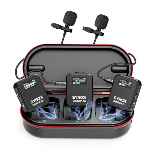 SYNCO Wireless Microphone System with Charging Case, G2A2 MEGA Dual Transmitter 8GB Storage of 24H 656ft Video Recording Streaming for Camera/Phone/PC/Laptop, Wireless-Lav-Mic-for-Camera