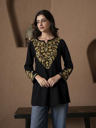 Image of QAZMI Women's Aari Embroidered Viscose Rayon A-Line Flared Short Kurti