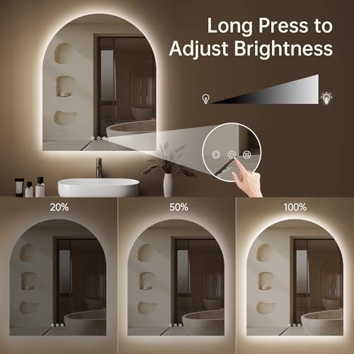 Image of Arched Backlit Mirror Bathroom 30 inchx36 inch- Frameless LED Bathroom Mirror with Lights, Fogless, Dimmable, 3 Color Changing, Shatterproof, Touch Sensor