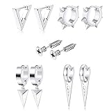 5 Pairs Punk Style Stainless Steel Silver Tone Geometric Triangle Rivet Surgical Huggie Hoop Earrings Screw Nail Stud Earrings Gift for Men Women Teen (Silver)