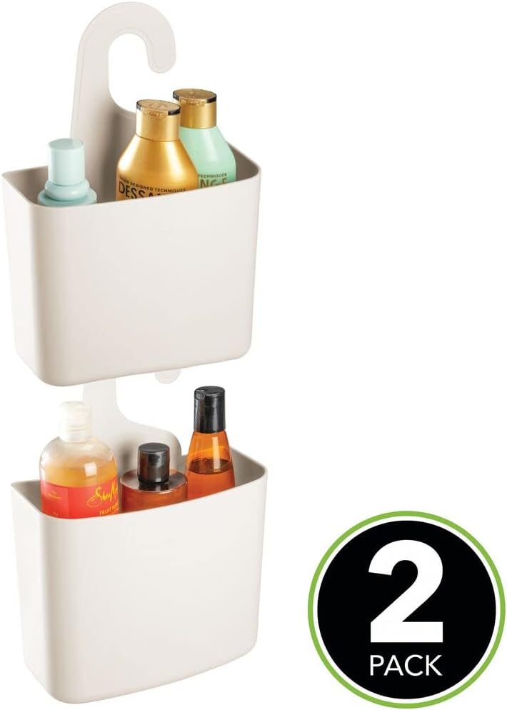 mDesign Modern Plastic Shower Hanging, Connecting Caddy Organizer Storage Basket for Bathroom Shower to Hold Shampoo, Conditioner, Body Wash, Sponges, Shaving Cream, Loofahs, 2 Pack - Cream/Beige
