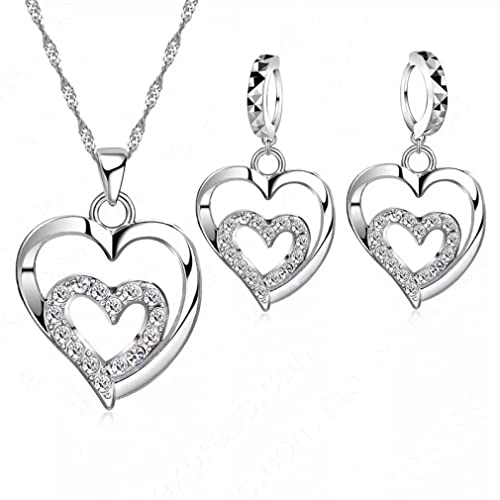 Parure bijoux argent 925 avec collier cœur cristal et boucles d'oreilles