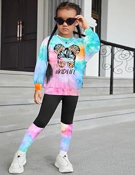 DONWEN Girls Clothes Tie Dye Outfits,2 Piece Girl Sweatsuit Graphic Short Sleeve Tops Long Pants Summer Clothes For Girls P 159498232