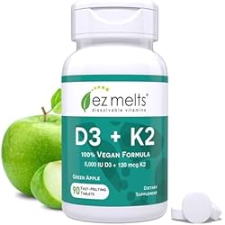 EZ Melts Dissolvable Vegan Vitamin D3 + K2 5,000 IU - Bone & Heart Health Support - Immune Function Support - No Artificial Flavors - Non-GMO - Green Apple - 90 Dissolvable Tablets (90 Servings)