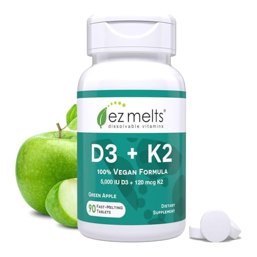 EZ Melts Dissolvable Vegan Vitamin D3 + K2 5 000 IU - Bone & Heart Health Support - Immune Function Support - No Artificial Flavors - Non-GMO - Green Apple - 90 Dissolvable Tablets (90 Servings)
