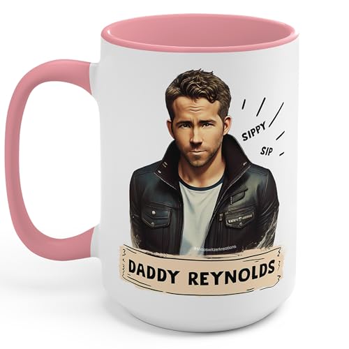Switzer Kreations Ryan Reynolds Mug, Daddy Reynolds Mug, Ryan Reynolds Fan Gift, Big Daddy Reynolds, Cool Daddy Cup, Funny Fan Gift - Coffee Tea Mug - Ceramic (Pink Handle 15 Oz)