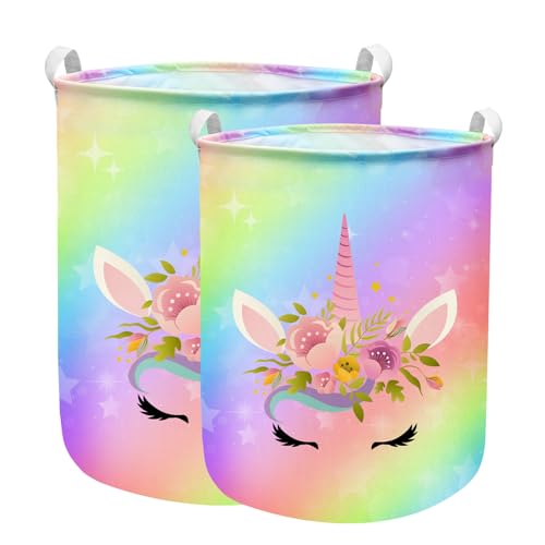 Aynaxcol Unicorn Laundry Basket Hamper Large Sized Round Storage Basket Waterproof Bin Collapsible Laundry Basket for Room Organizer, Bedroom Nursery Playroom Clothes (43.3L+62.9L)