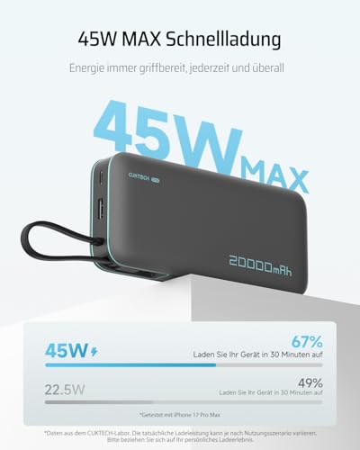 CUKTECH 20000mah Power Bank, 45W Powerbank mit Integriertem USB-C Kabel, Externe Handyakkus mit Schnellladefunktion… – Ansicht 2