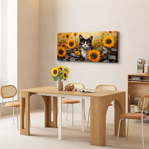 SERIMINO Large Wall Art Canvas Prints, Sunflower Cat Wall Art Aesthetic, Cute Animal Modern Home Decor Paintings, Yellow Landscape Pictures Wall Decor Living Room Dining Room Office Decor 20"X40"