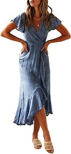 ZESICA Women's 2023 Bohemian Floral Printed Wrap V Neck Short Sleeve Split Beach Party Maxi Dress,BlueFloral,Medium
